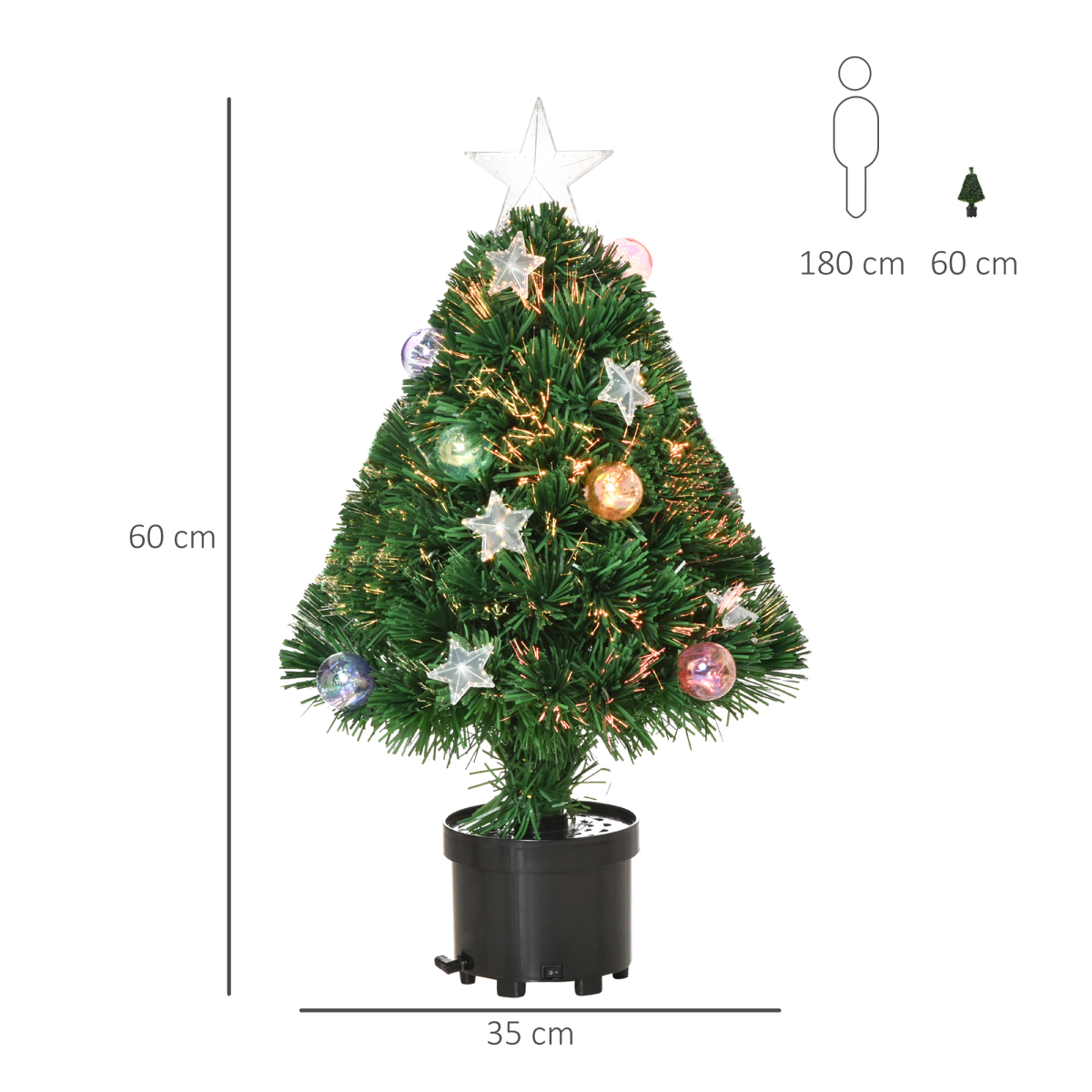 HOMCOM 2FT Pre-Lit Artificial Christmas Tree Tabletop with 60 Warm White LED Lights, Multicolor Fiber Optics, Black Pot, Green