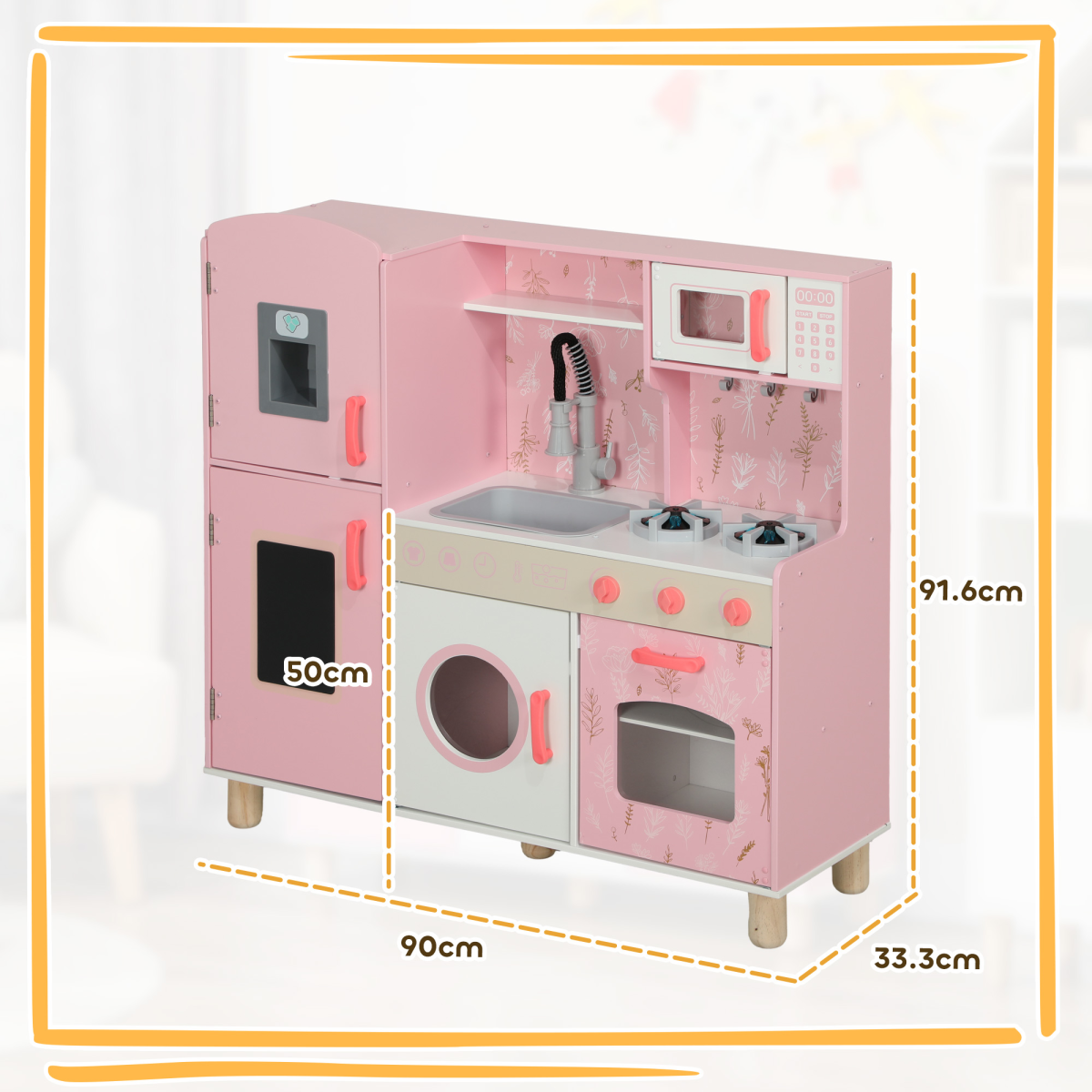 AIYAPLAY Kids Play Kitchen Set with Lights and Sounds, Pink
