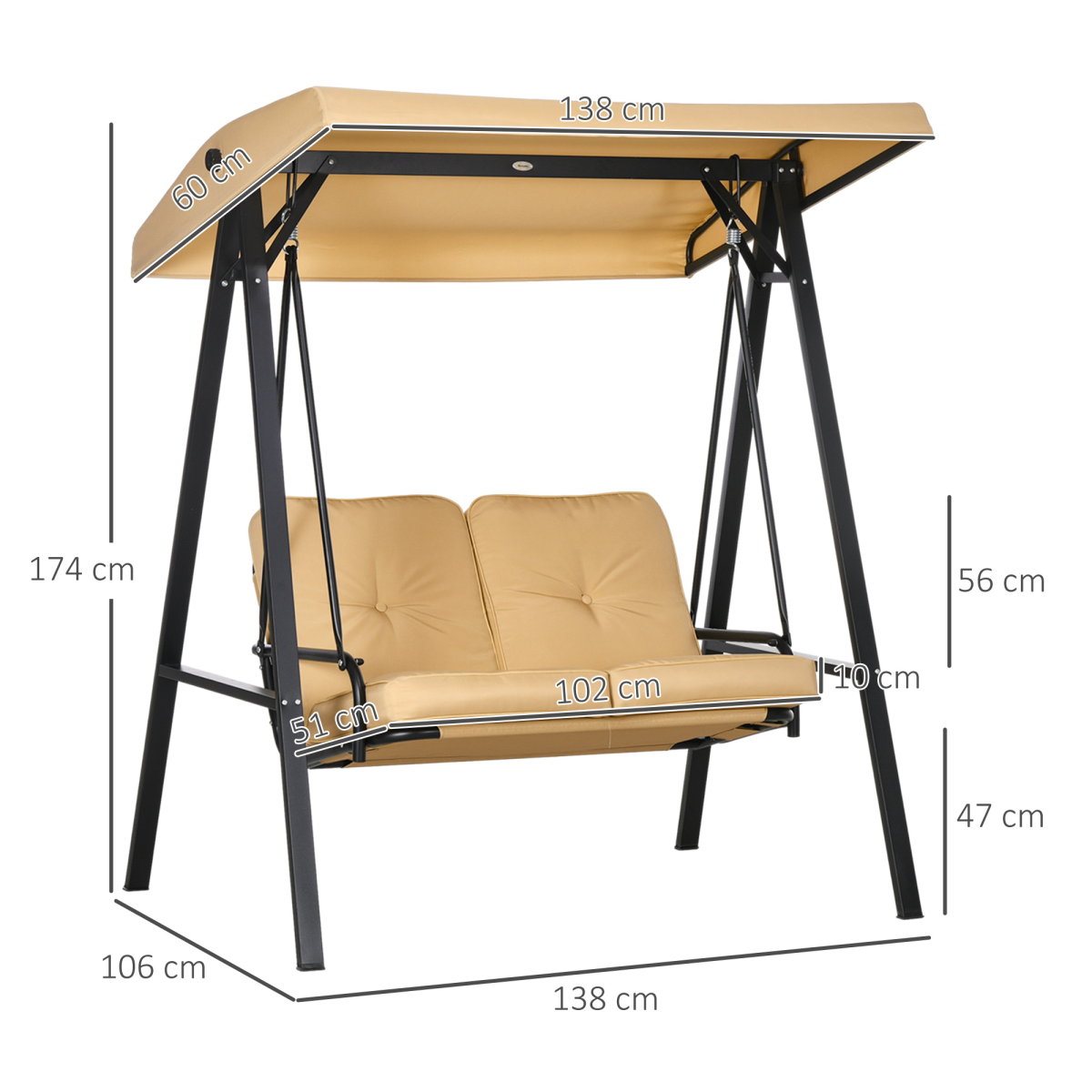 Outsunny 2-Seater Outdoor Swing Chair with Adjustable Canopy and Cushions