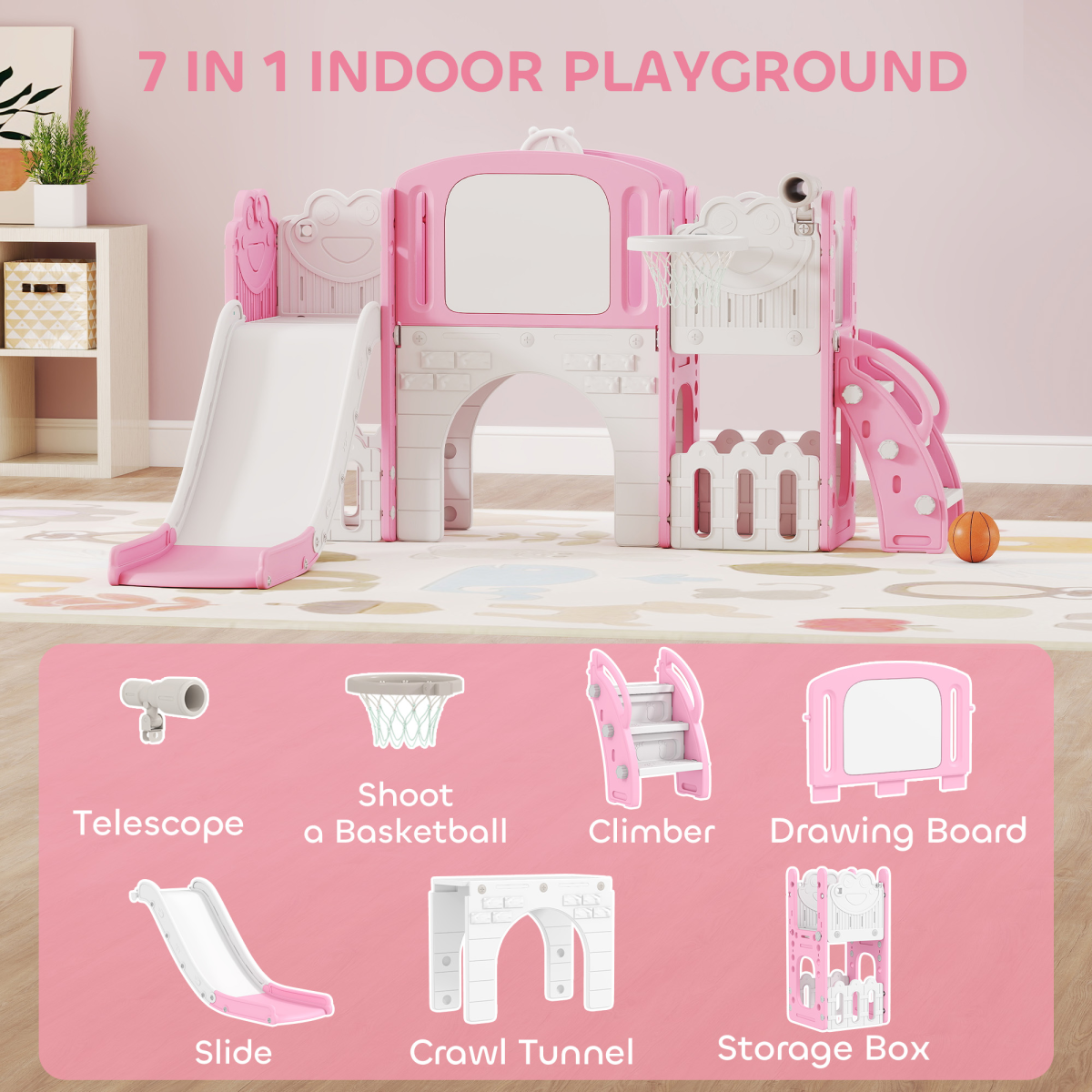 AIYAPLAY 7-in-1 Frog Theme Toddler Slide Set with Basketball Hoop