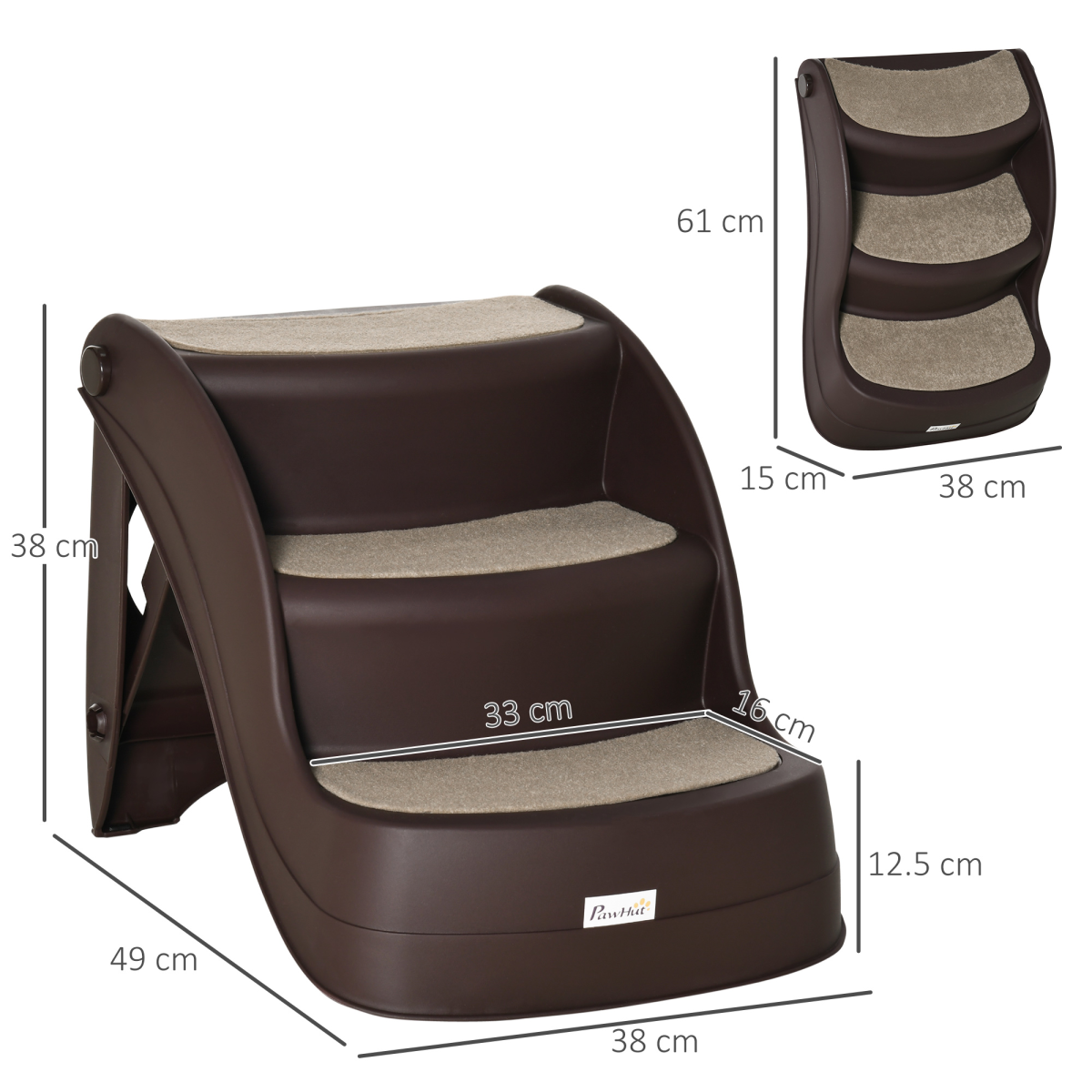 Portable 3-Step Non-Slip Pet Stairs for Dogs and Cats, Foldable, for Beds and Sofas, Brown