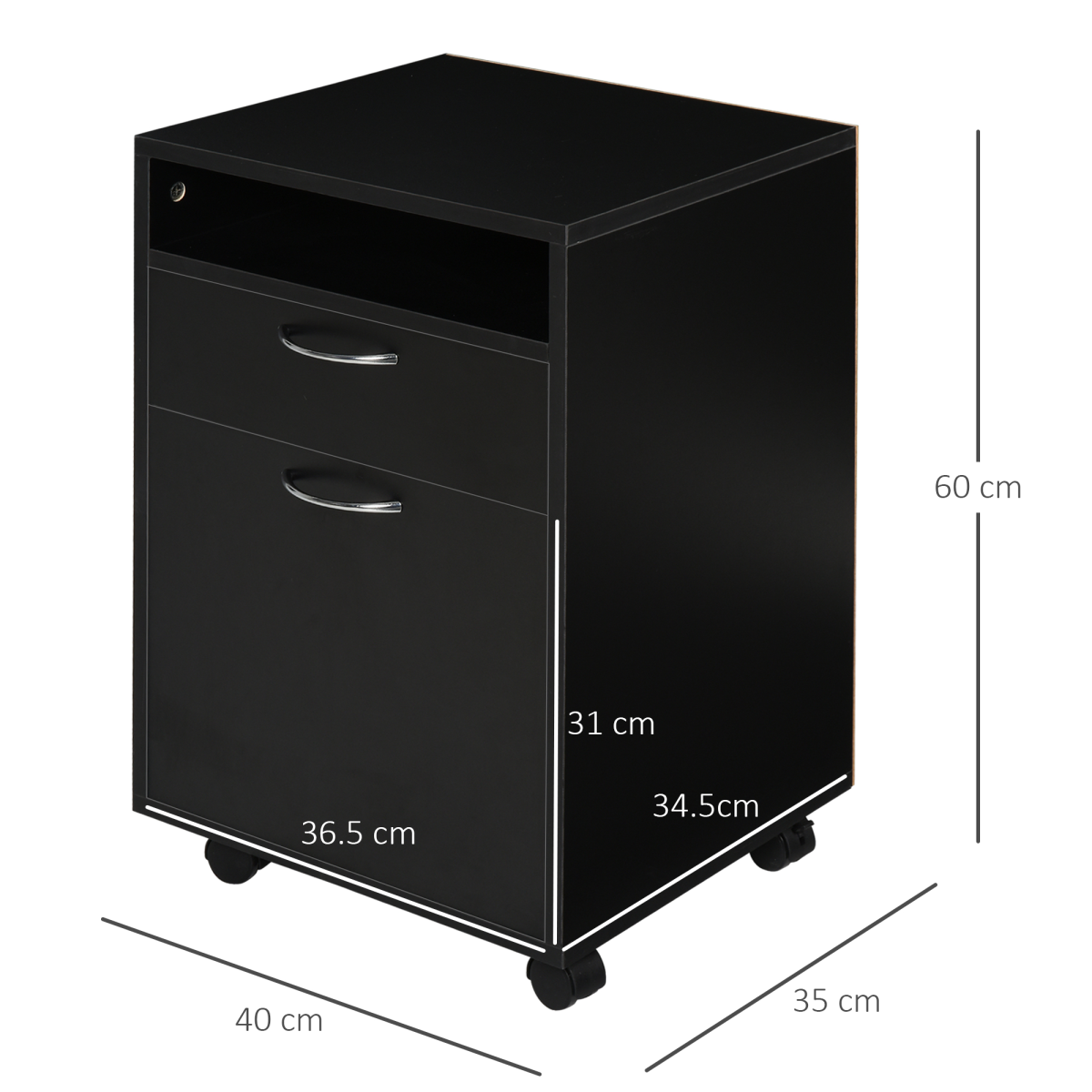60cm Tall Storage Cabinet with Drawer, Open Shelf & Lockable Wheels, Black