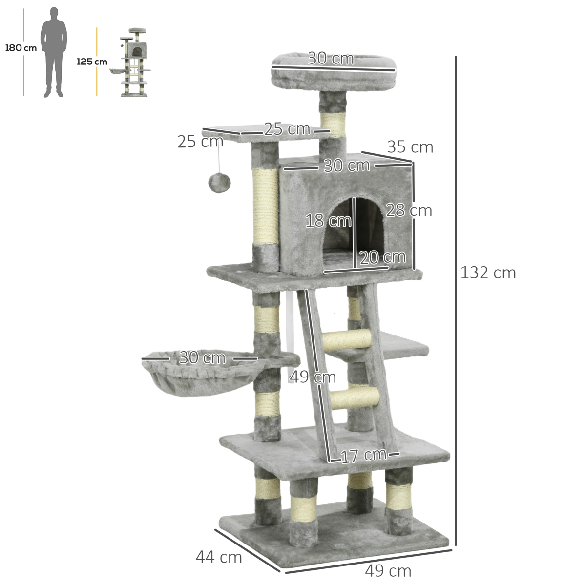 PawHut 132cm Cat Tree with House, Hammock & Scratch Posts Grey