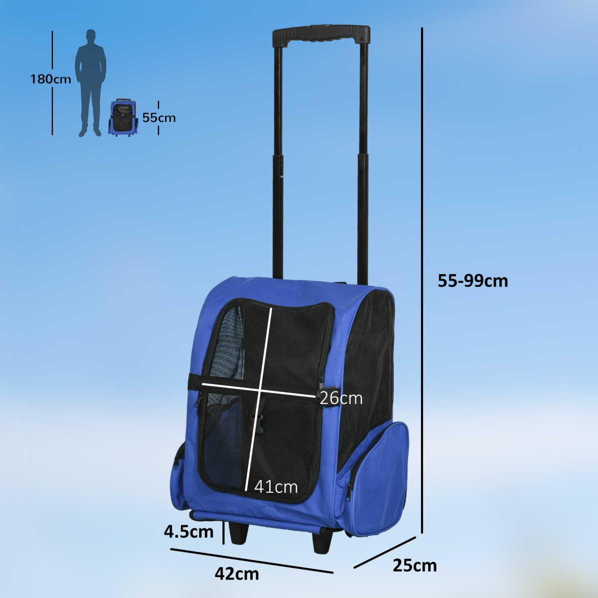 PawHut 2-in-1 Pet Travel Backpack Trolley Carrier with Detachable Wheels and Adjustable Pull Rod