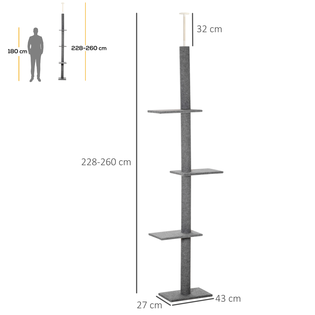 260cm Floor to Ceiling Cat Tree, Adjustable Height Cat Tower, Grey