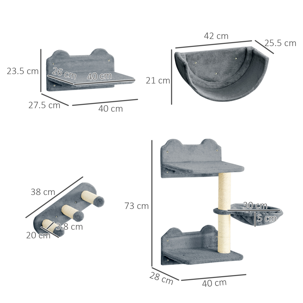 PawHut 4PCs Wall Mounted Cat Tree Cat Wall Shelves W/ Scratching Post Grey