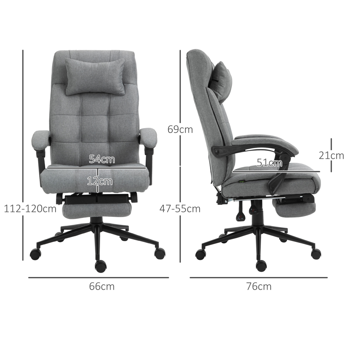 Office Chair with Footrest, Adjustable Height, 155° Recline, Swivel, Armrests, Rolling, Light Grey