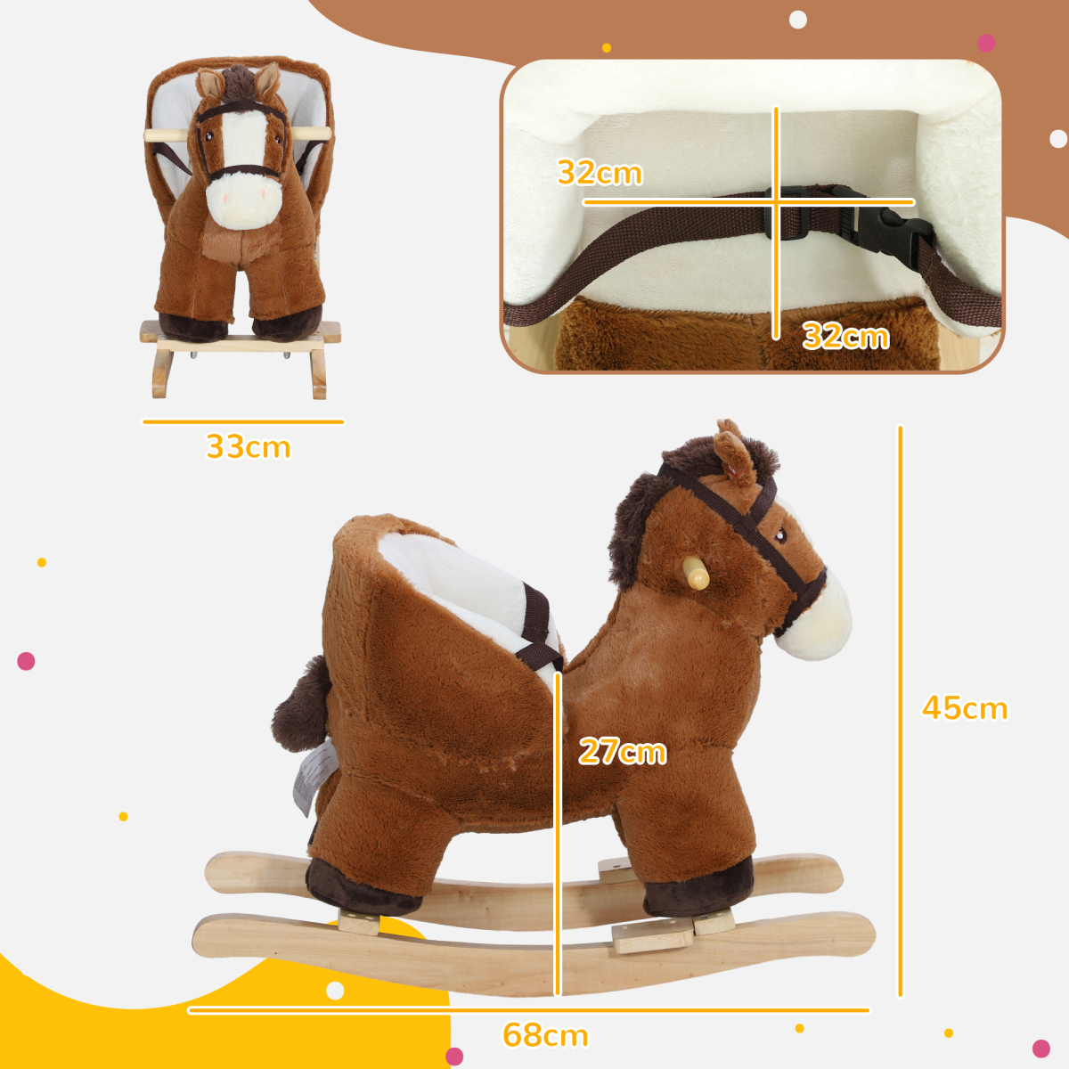 AIYAPLAY Kids Rocking Horse with Sound, Safety Belt, Brown