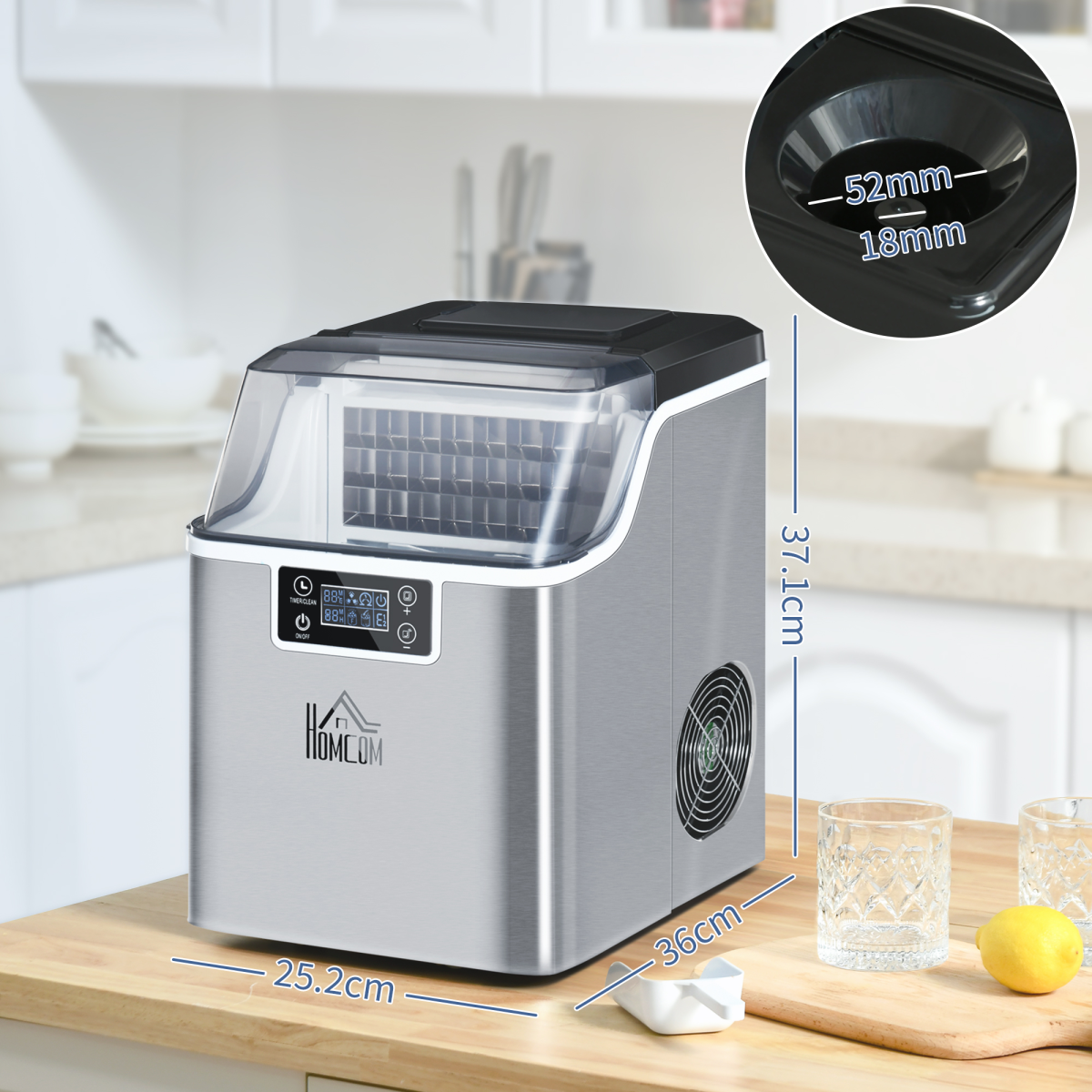 Counter Top Ice Maker Machine, Makes 20kg Ice in 24 Hours, 24 Cubes Every 18 Minutes, LCD Display, Automatic Cleaning, Adjustable Cube Size, 3.2L Capacity, Unbranded