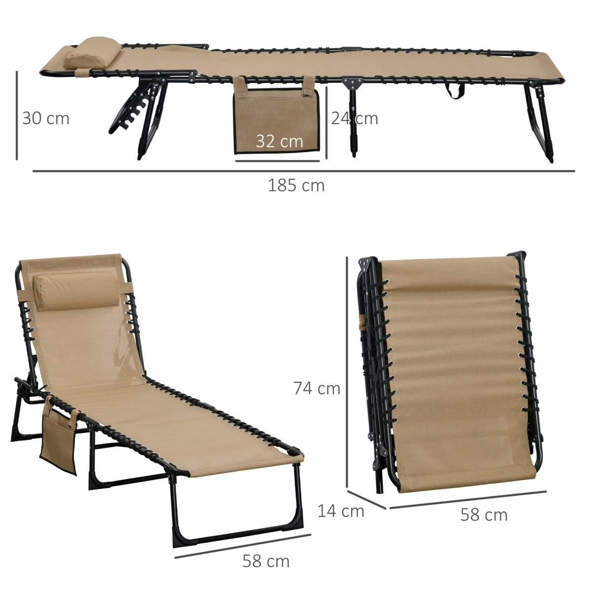Outsunny Portable Sun Lounger with 5-Position Adjustable Backrest, Removable Pillow, Side Pocket, Foldable Steel Frame, Weather-Resistant Mesh Seat