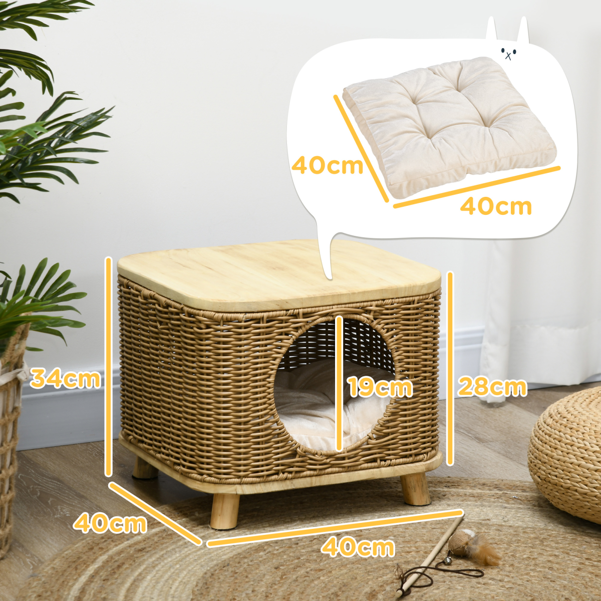 PawHut Elevated Wicker Cat House with Washable Cushion, Light Brown