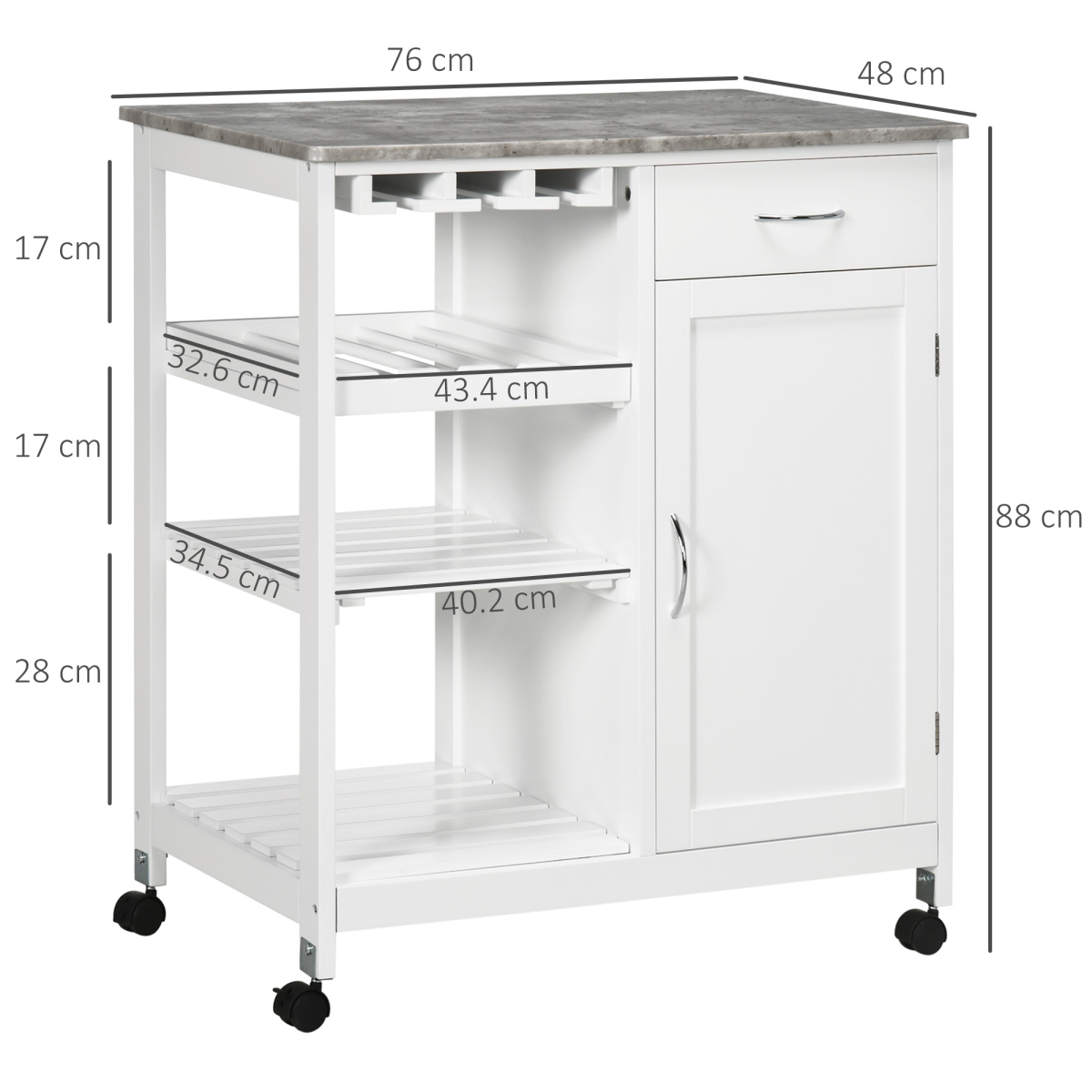 HOMCOM Kitchen Trolley Utility Cart on Wheels with Wine Rack, Drawer, Two Shelves, Side Cupboard, White