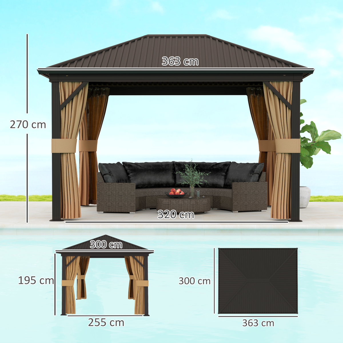 Outsunny 3.63 x 3m Metal Hardtop Garden Gazebo with Screened Curtains, Brown