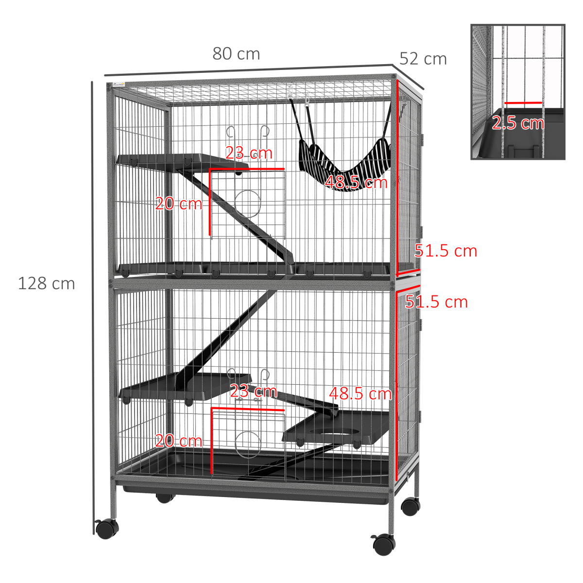 PawHut Multi-Level Small Animal Cage with Hammock, Tray & Wheels