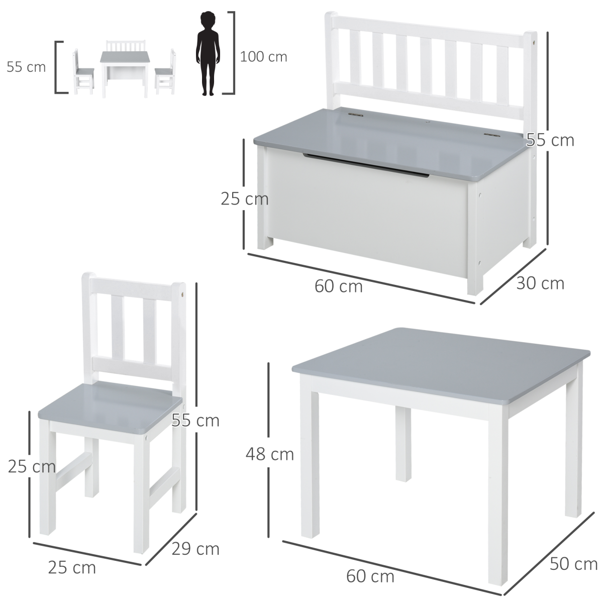 4-Piece Set Kids Wood Table Chair Bench Storage Function for 3 Years+ HOMCOM