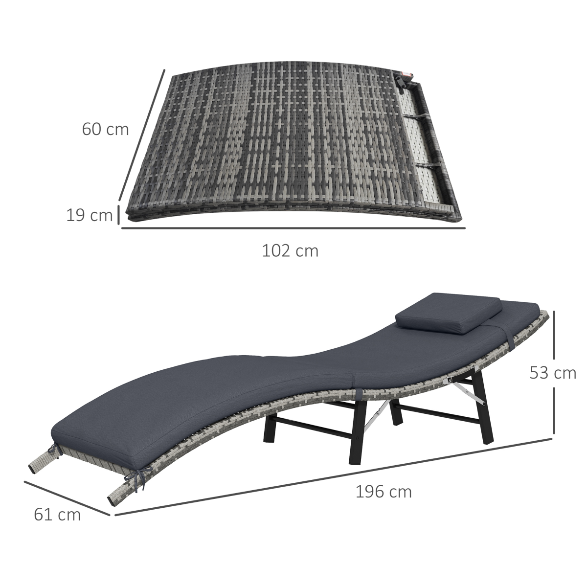 Outsunny Grey Folding Rattan Sun Lounger with Cushion & Pillow
