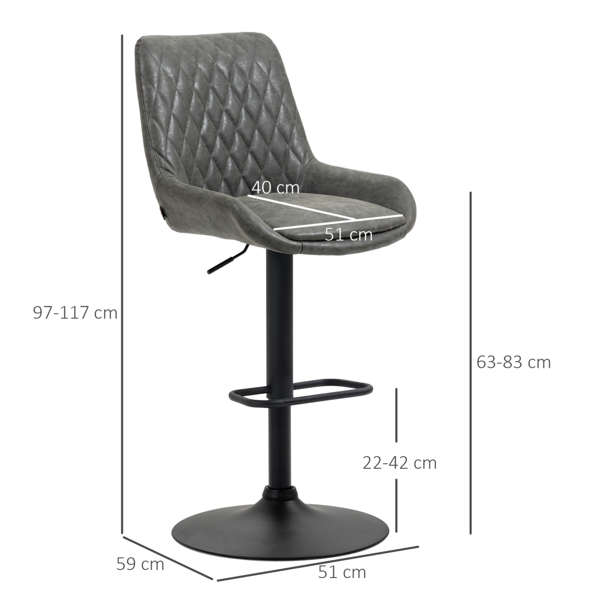 HOMCOM Set of 2 Adjustable 360° Swivel Bar Stools, Grey