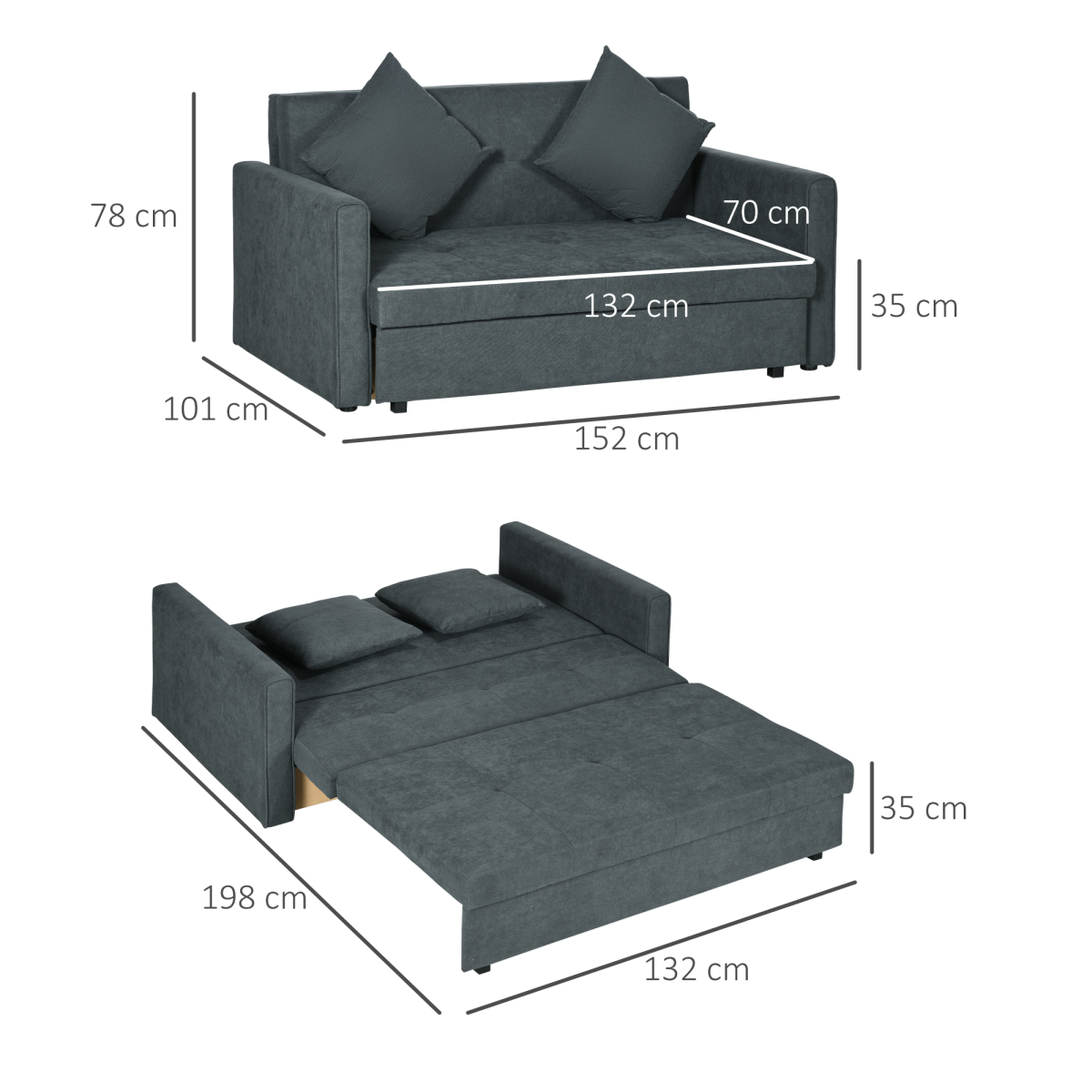 HOMCOM 2 Seater Convertible Sofa Bed with Storage & 2 Cushions, Dark Grey