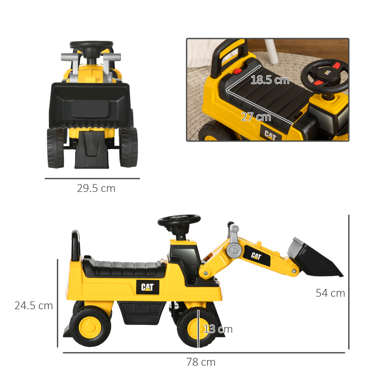 HOMCOM CAT Licensed Kids Ride-On Tractor with Manual Shovel, 1-3 Years