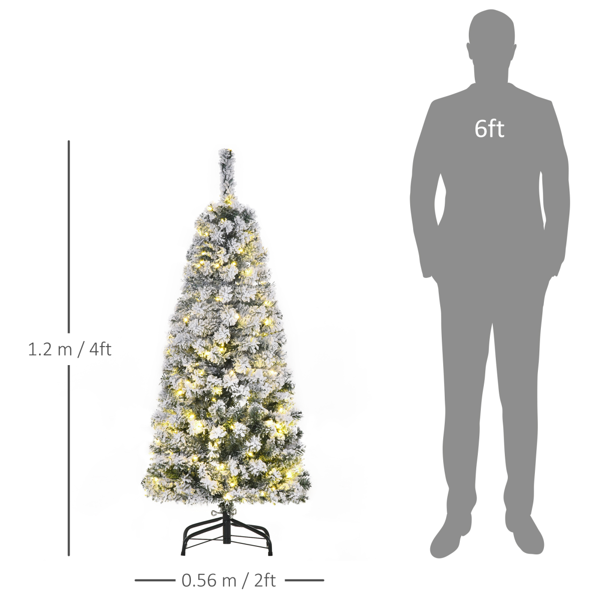 HOMCOM 4ft Prelit Artificial Snow Flocked Christmas Tree with 150 Warm LED Lights, Green and White