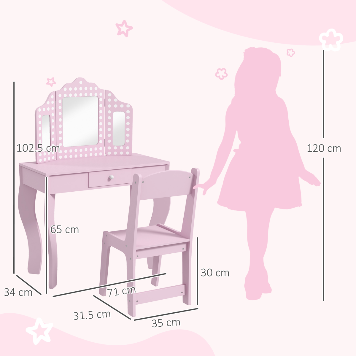 AIYAPLAY Kids Dressing Table Set, Pink, with Stool, Mirror & Drawer