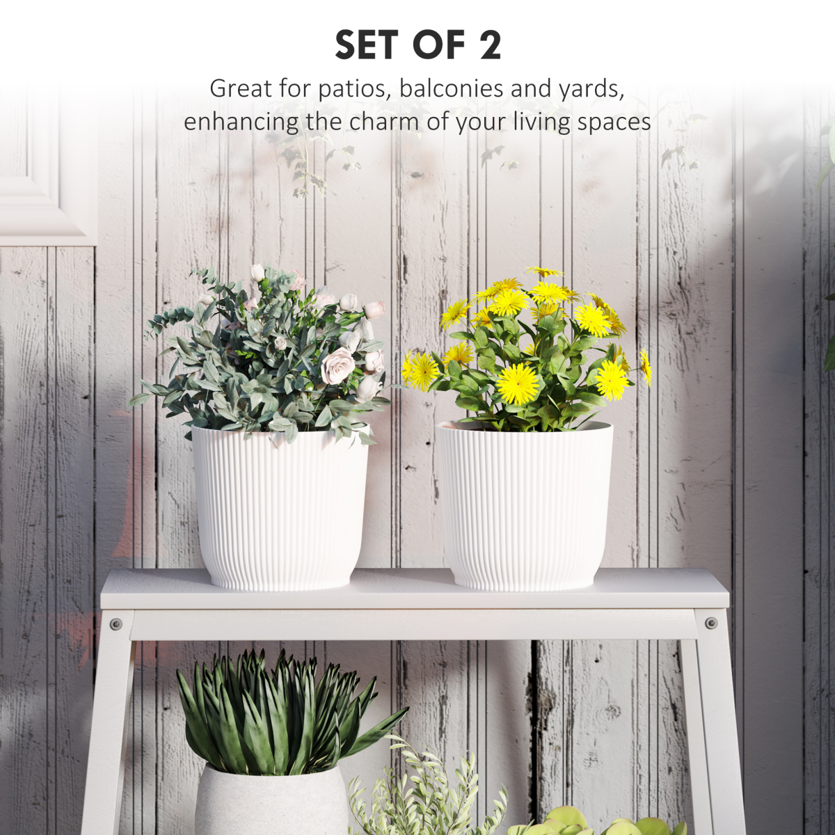 Outsunny Set of 2 Stackable Round Plant Pots, White, 22cm