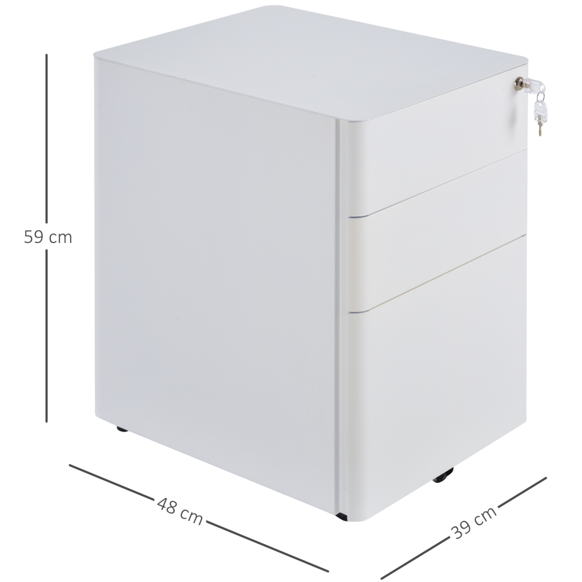 3 Drawer Steel Filing Cabinet Lockable 4 Wheels Compact Under Desk White