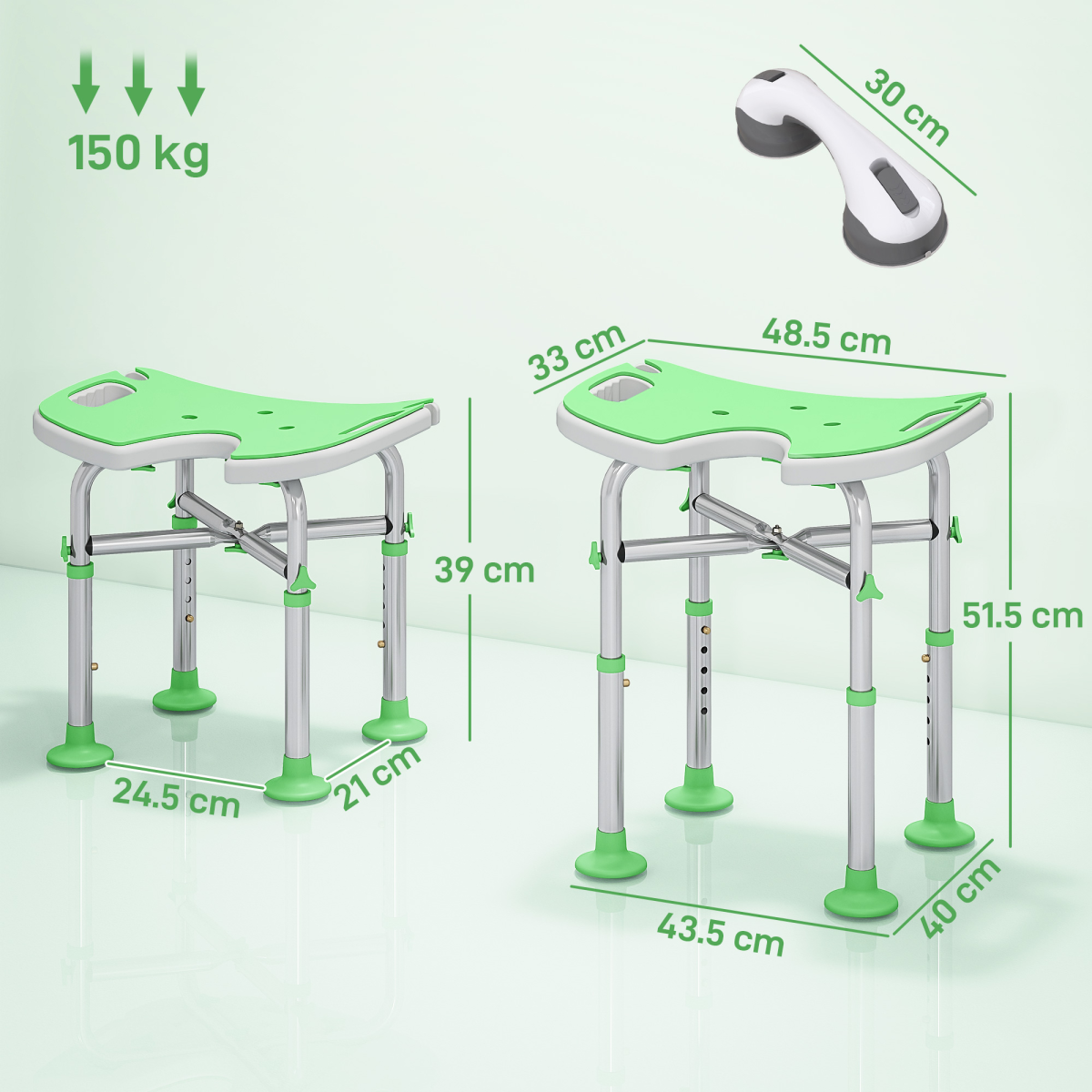 HOMCOM Aluminium Adjustable Shower Stool with Suction Feet, 150kg