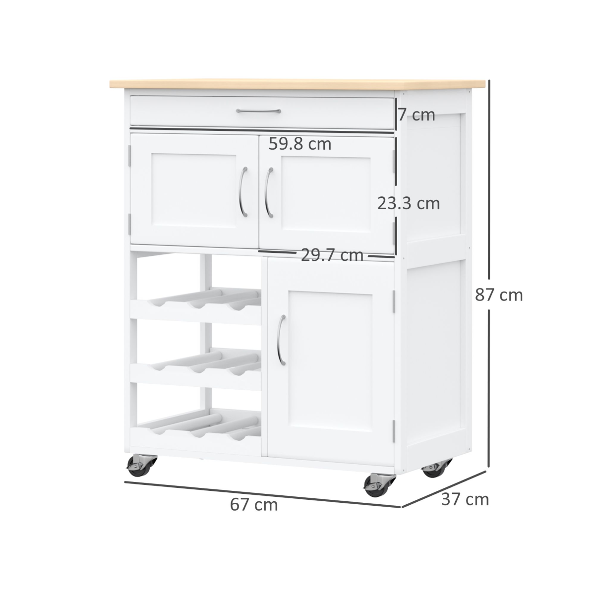 HOMCOM Modern White Kitchen Rolling Storage Cart with Drawer, 9-Bottle Wine Rack, Cabinets, Rubberwood Countertop