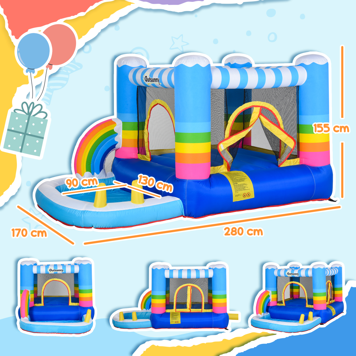 Kids Bouncy Castle Trampoline with Pool, Net & Blower, 3-8 Years