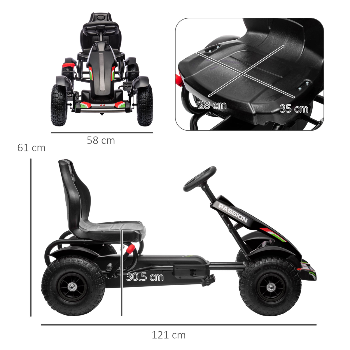 HOMCOM Children Pedal Go Kart w/ Adjustable Seat, Inflatable Tyres - Black