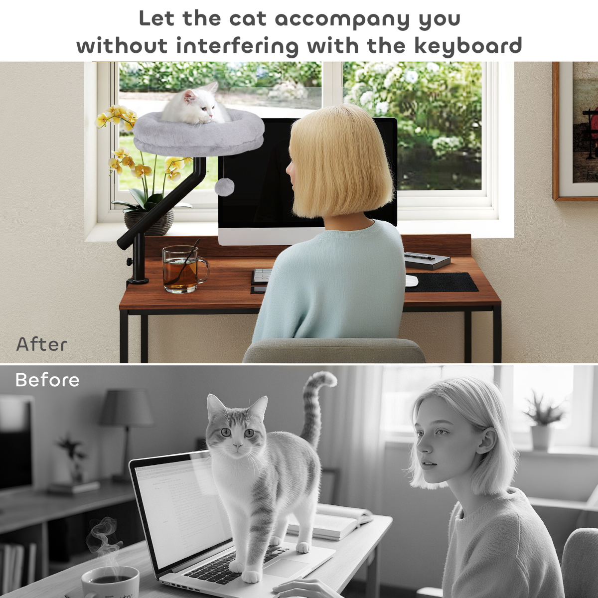 PawHut 360° Rotating Adjustable Cat Desk Bed with Clamp, Grey