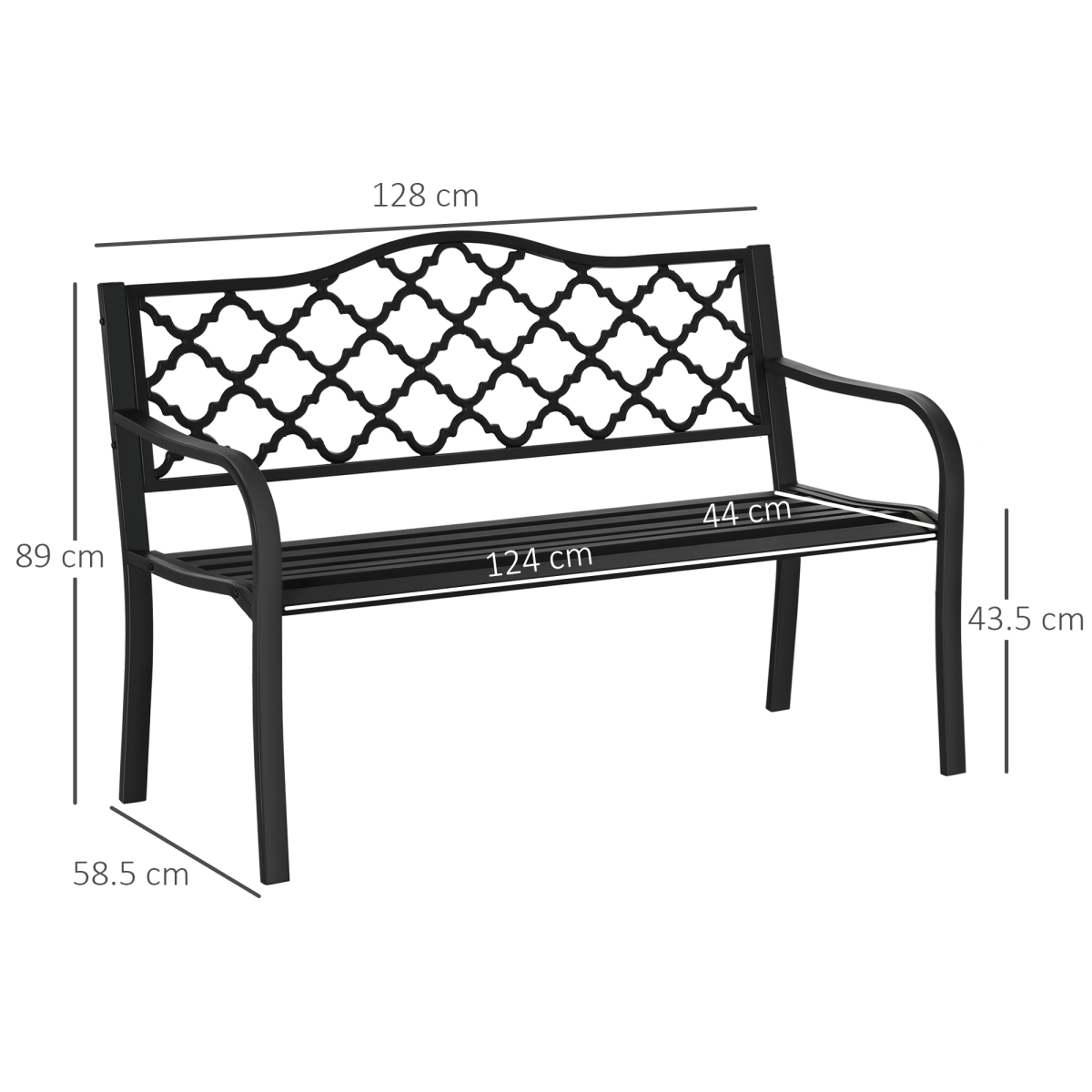 Outsunny 2-Seater Outdoor Garden Bench with Armrests, Matte Black Steel and Cast Iron, Vintage-Style Slatted Backrest