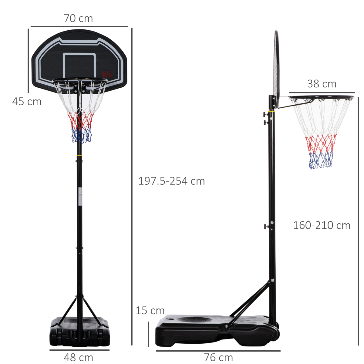 Adjustable Basketball Hoop Stand with Wheels and Fillable Weight Base, Height Adjustable 195-245cm, Steel Frame, PE Backboard