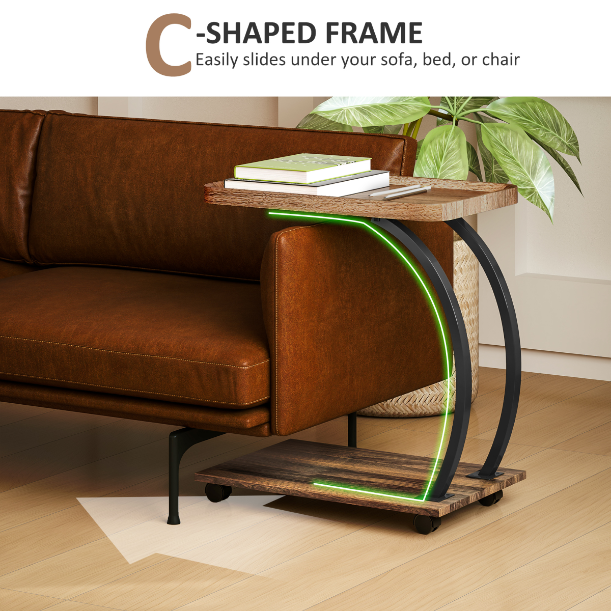 HOMCOM C-Shaped 2-Tier Side Table with Storage and Wheels, Brown