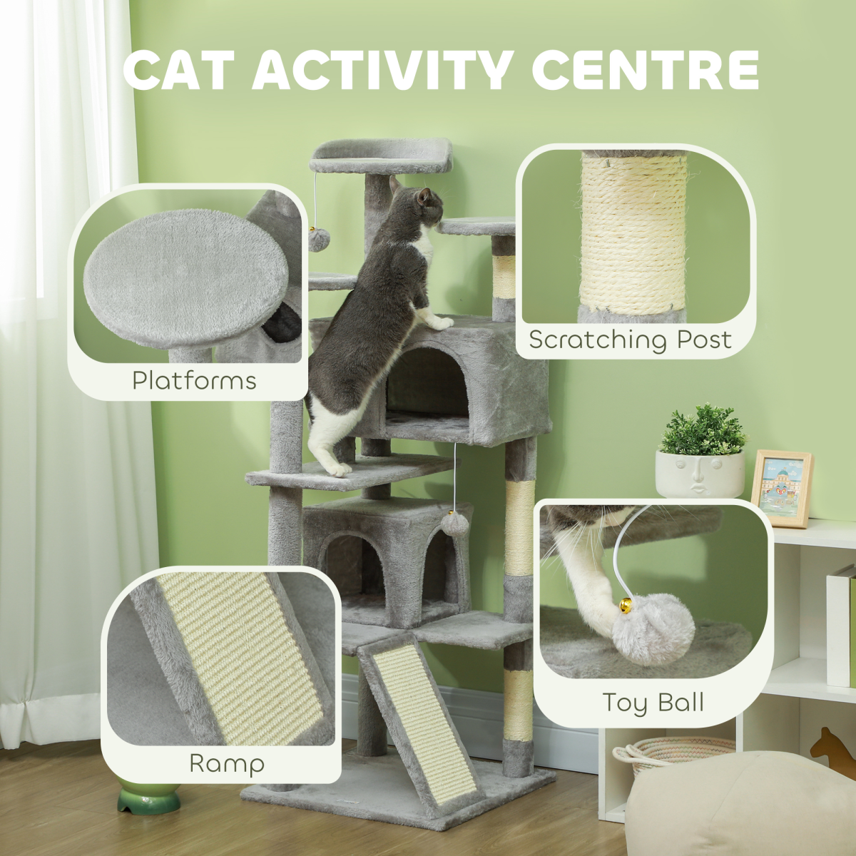 PawHut 138cm Cat Tree with Condos, Bed and Scratching Posts, Light Grey