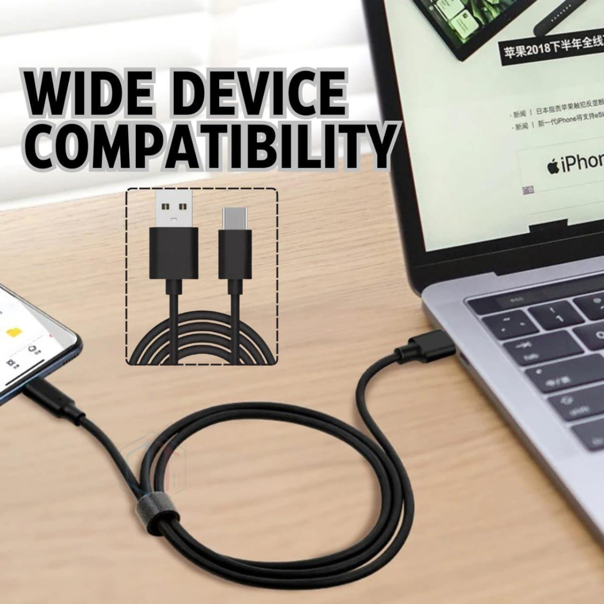 Woox USB to Type C PVC Data Cable, 18W, 3.3ft, Black