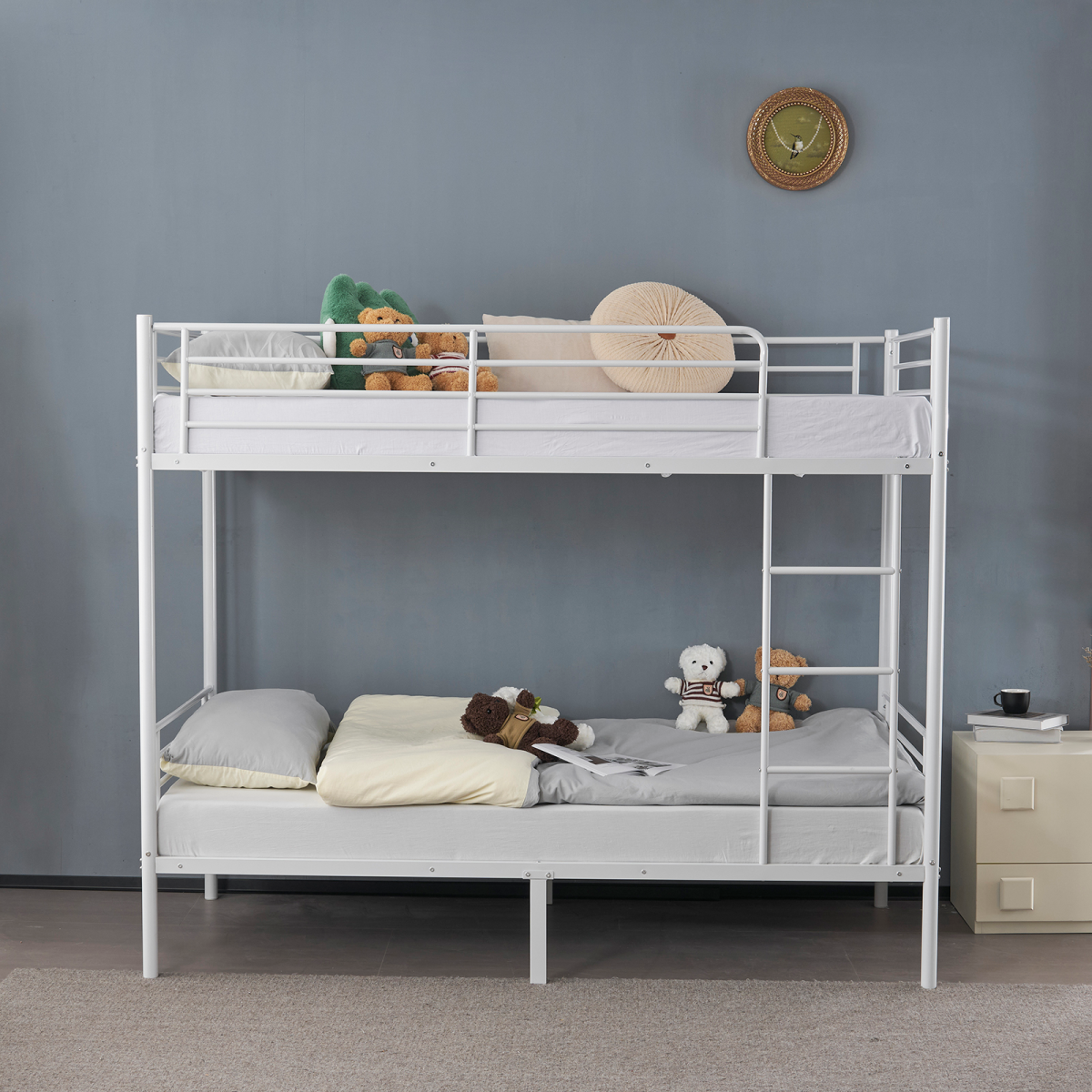 【Same Code:99091194】Twin Over Twin Bunk Bed for Kids Teens Adults, Heavy Duty Metal Bunk Bed with Ladder & Full-Length Guard Rail & Storage Space, White