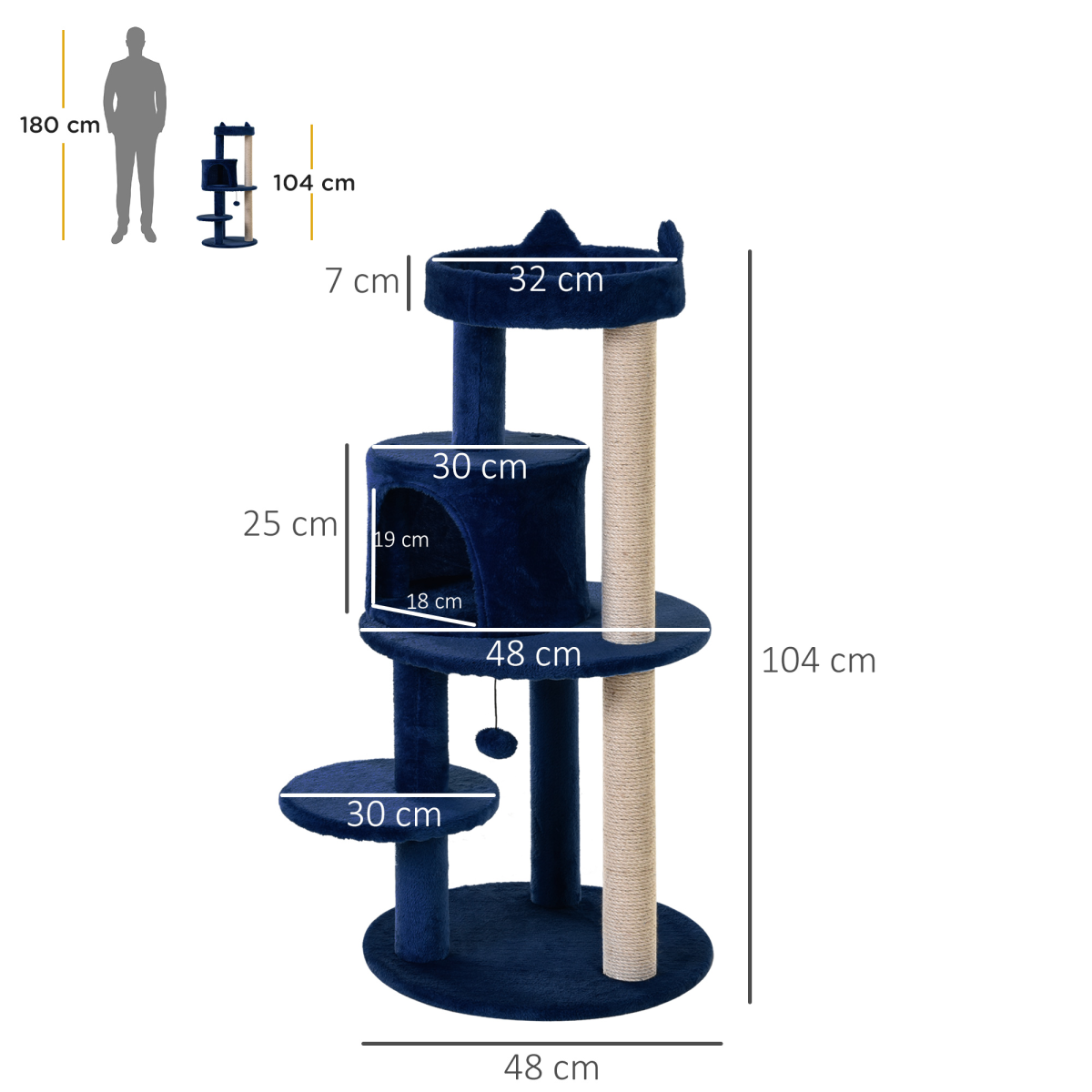 PawHut 104cm Deluxe Multi-Tier Cat Activity Tree with Scratching Posts, Top Round Ear Perch, House, Platform and Hanging Ball