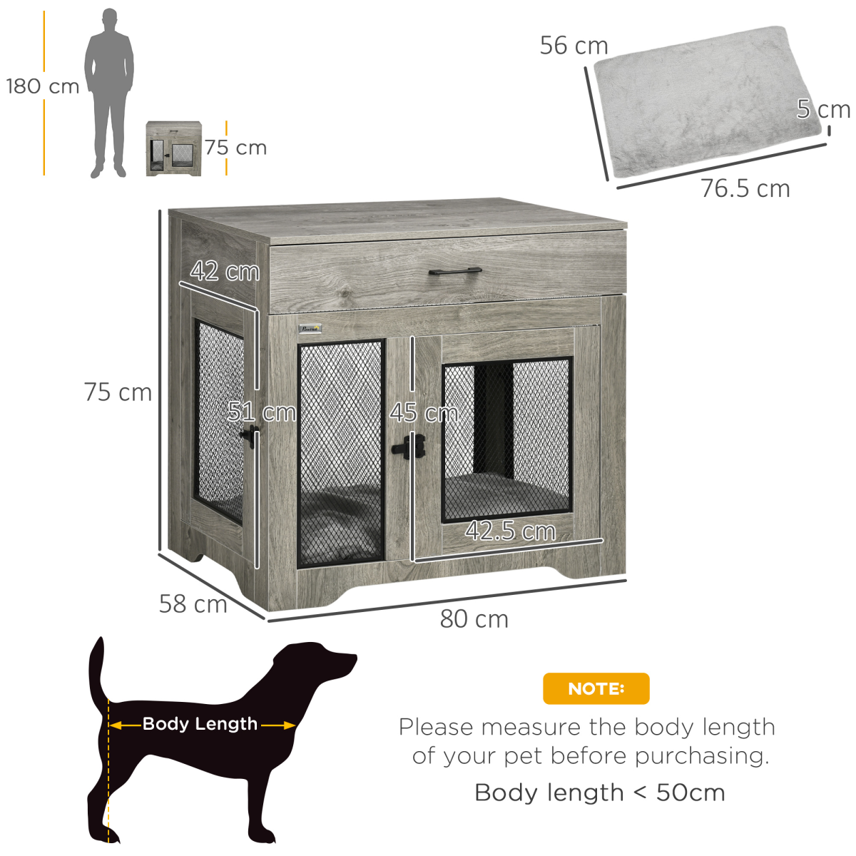 Double Door Dog Crate Furniture Side Table for Medium Dogs, Grey