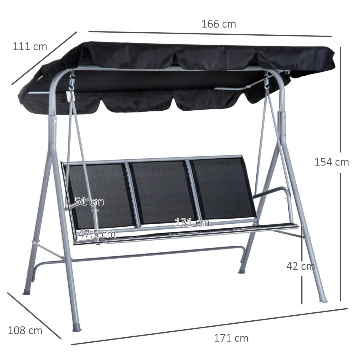 Outsunny Outdoor 3-Seater Swing Chair with UV Protected Canopy and Sling Fabric Seating