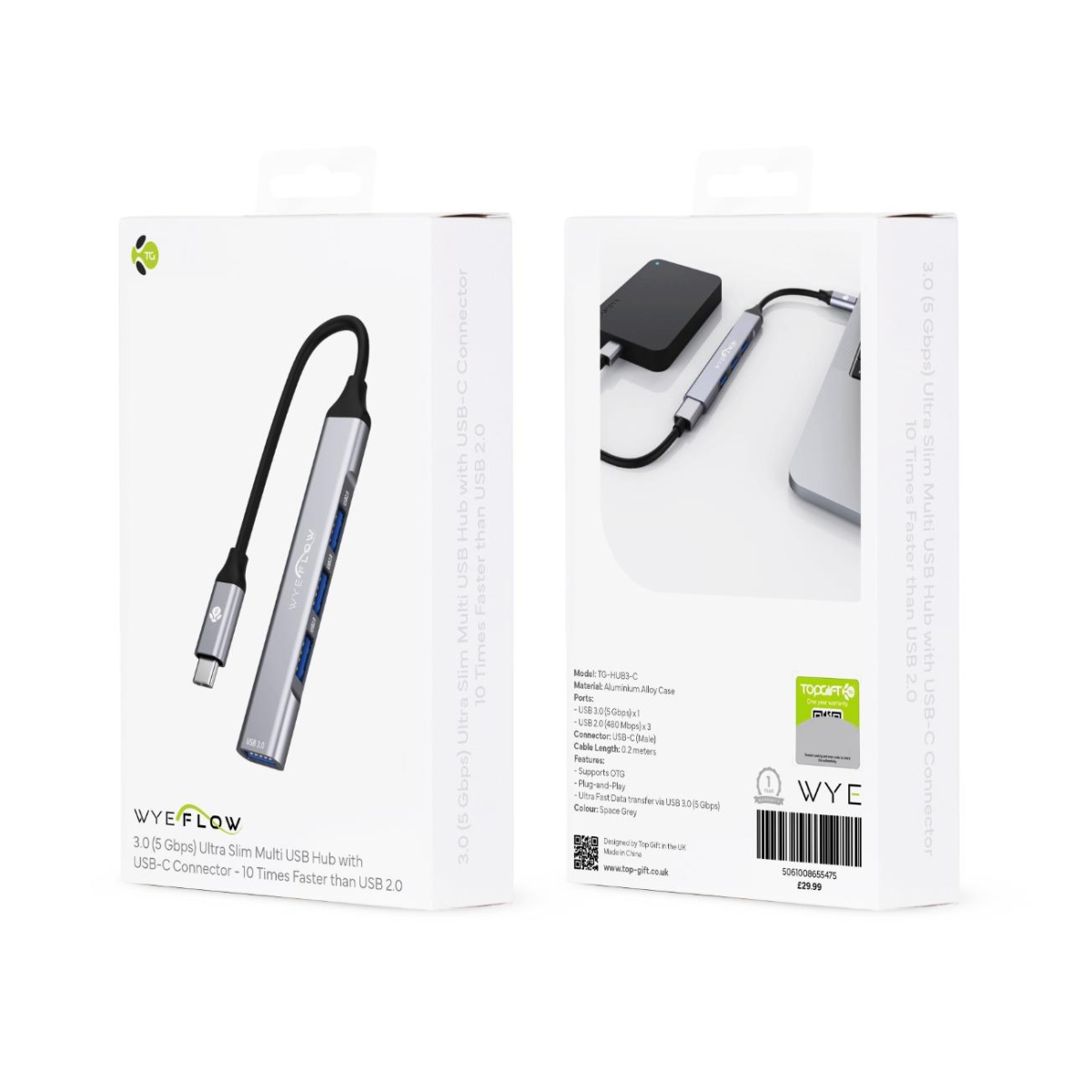 WYE USB-C 4-Port USB Hub, USB 3.0 5Gbps, OTG, Plug-and-Play