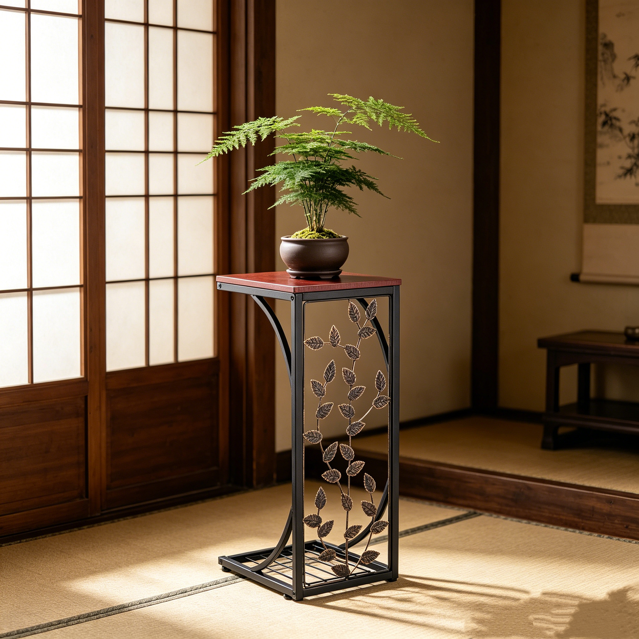 【Same Code:84356574】54*30.5*21CM Leaf Pattern Iron Side Table Coffee Table Brown
