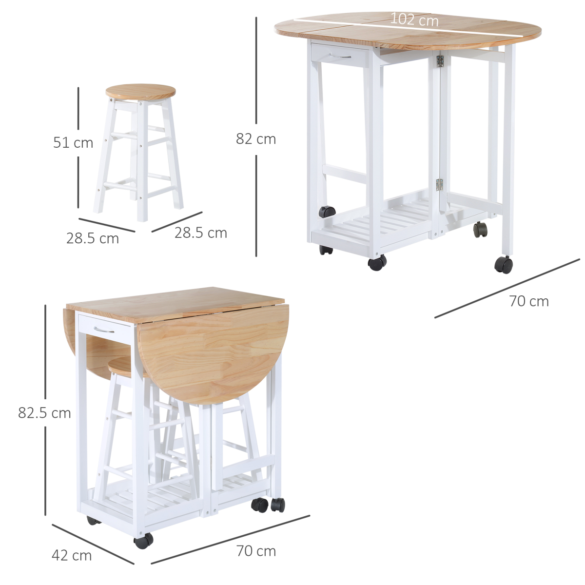 3-Piece Folding Dining Set with Rolling Cart and Stools