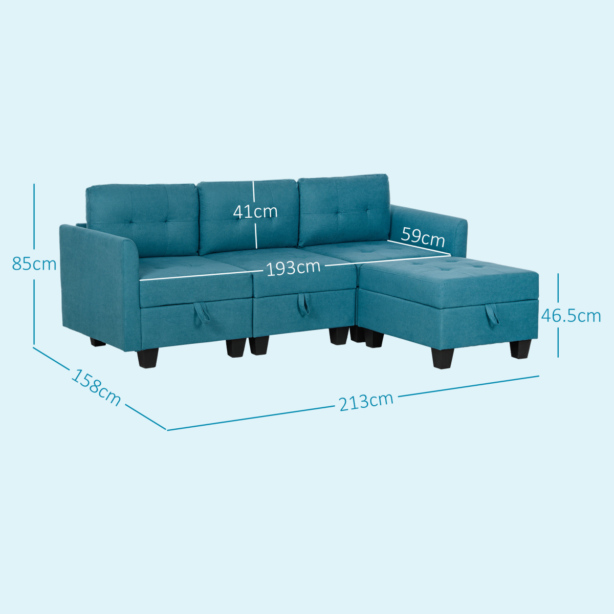 HOMCOM Convertible Modular Sectional Sofa with Storage, Light Blue