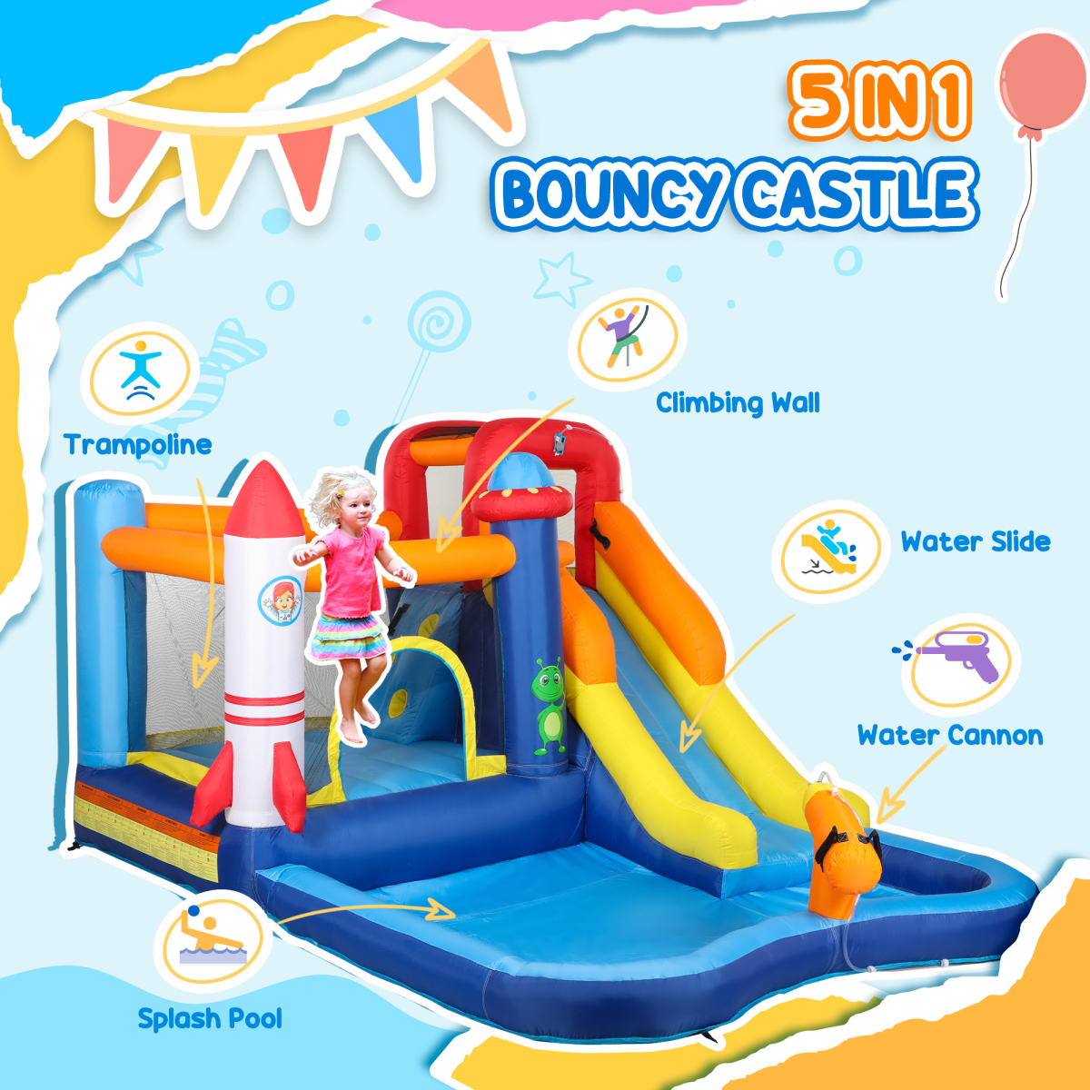 AIYAPLAY 5-in-1 Inflatable Water Slide Bouncy Castle with 550W Blower