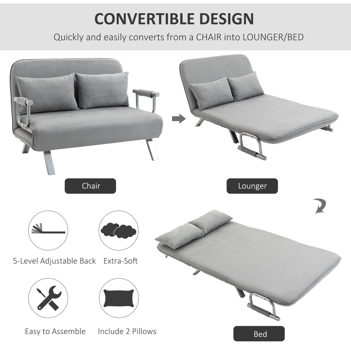 HOMCOM 2 Seater Fabric Sofa Bed with 2 Pillows, Light Grey