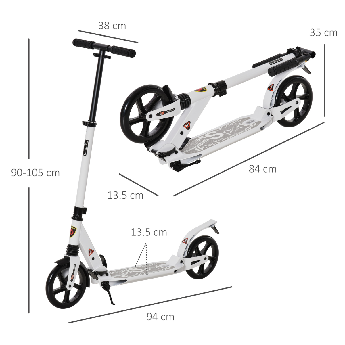 Kick Scooter Folding 2 Big Wheels Adjustable Adult Teens For 14 White HOMCOM