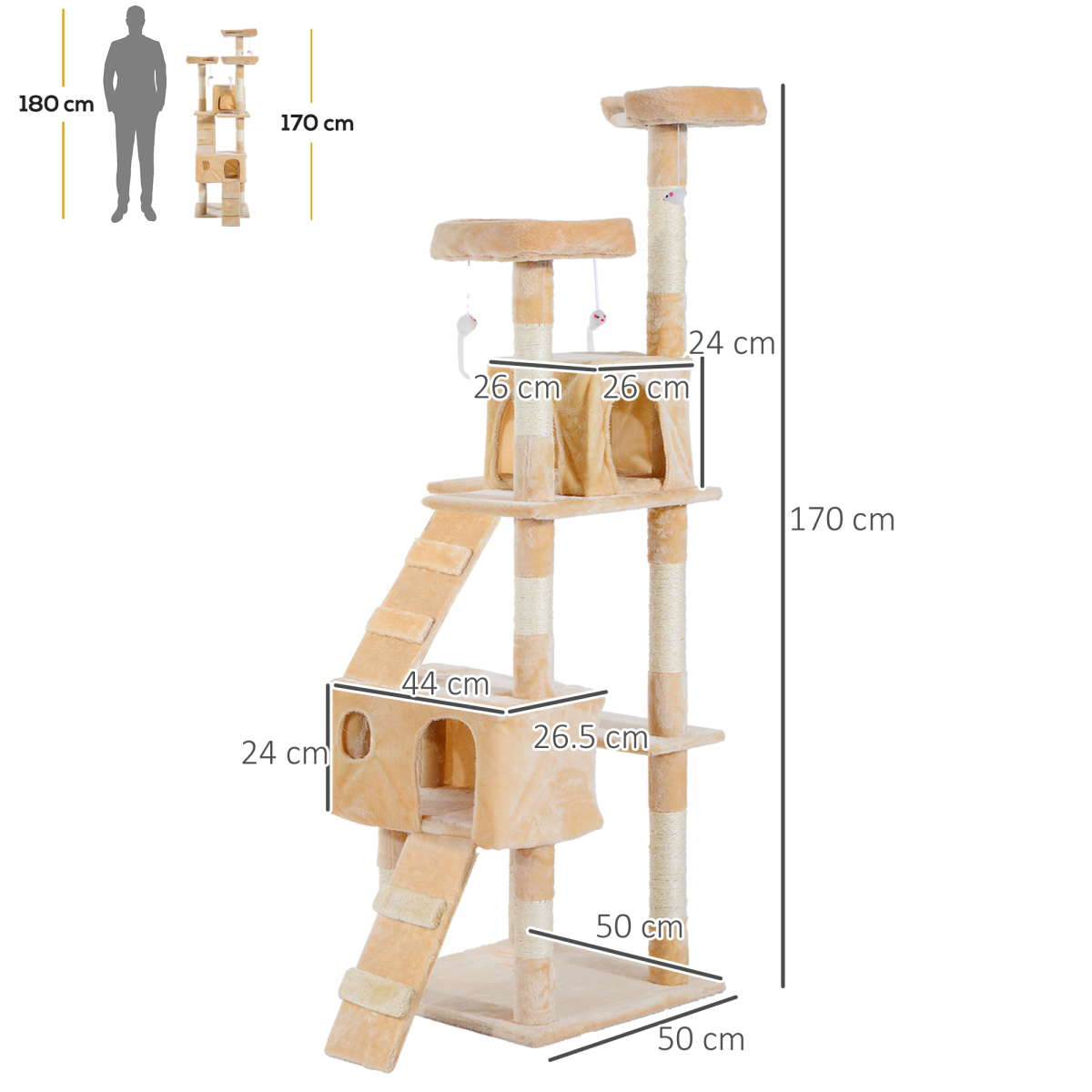 Pawhut 170CM Multi-Level Cat Tree Scratching Post with 3 Top Perches, 2 Condos, 2 Ladders and 3 Dangling Toys
