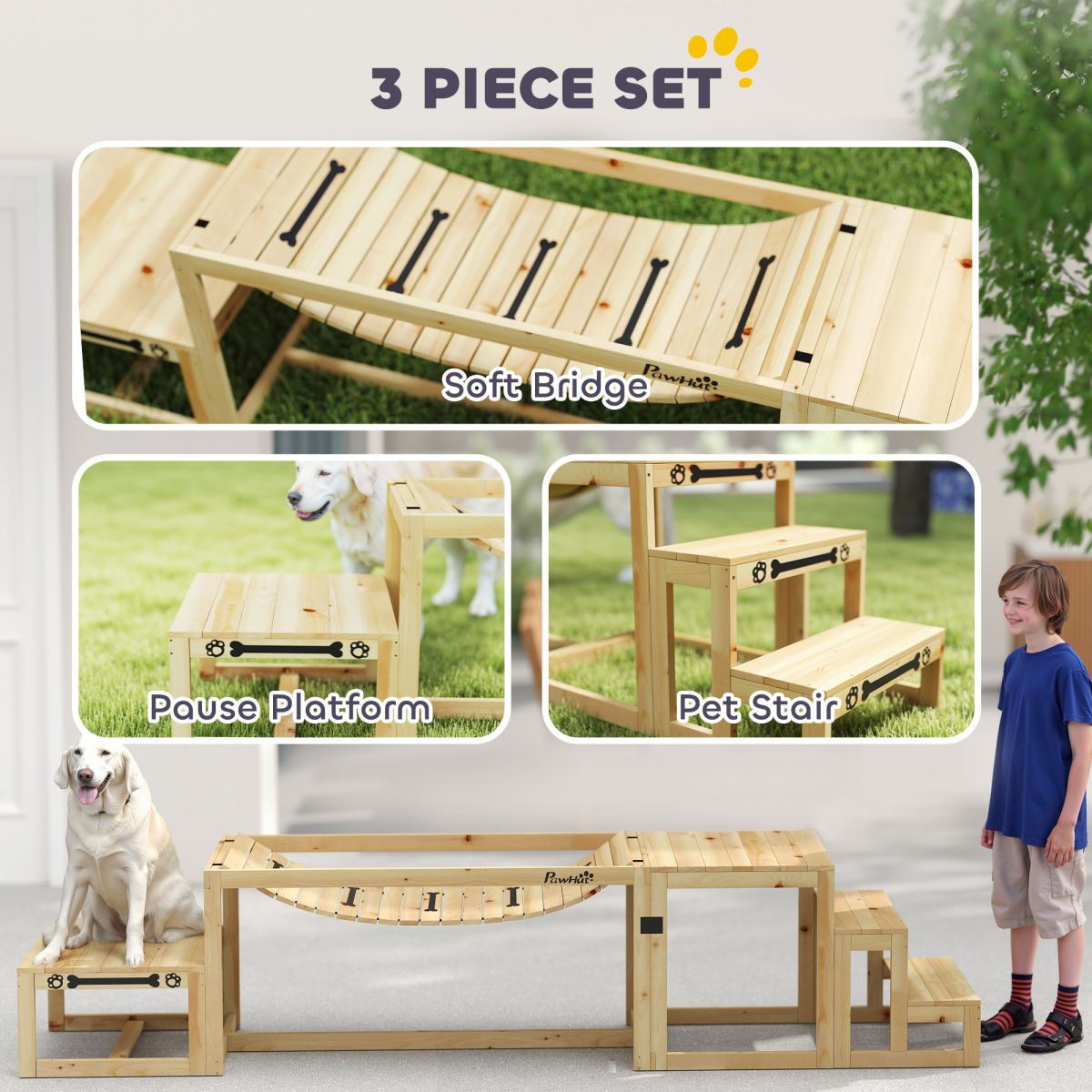 PawHut 3-Piece Wooden Dog Agility Training Set, Natural Fir Wood